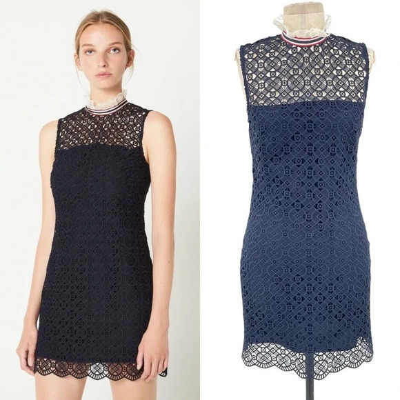 Sandro Dovera Lace Mini Dress In Navy Blue Size 34 / US 0 - Picture 1 of 11